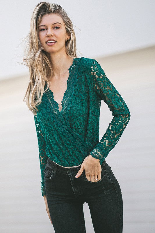 Angeletta Scallop Lace Long Sleeve Bodysuit - Fanfare Green – East Side Chic