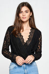Angeletta Scallop Lace Long Sleeve Bodysuit - Black