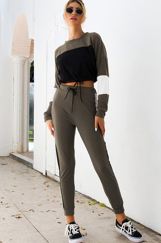Fueled By Coffee Long Sleeve Splicing Two Piece Set - Olive