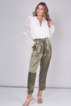Belted Pleated Paper Bag Pants - Olive