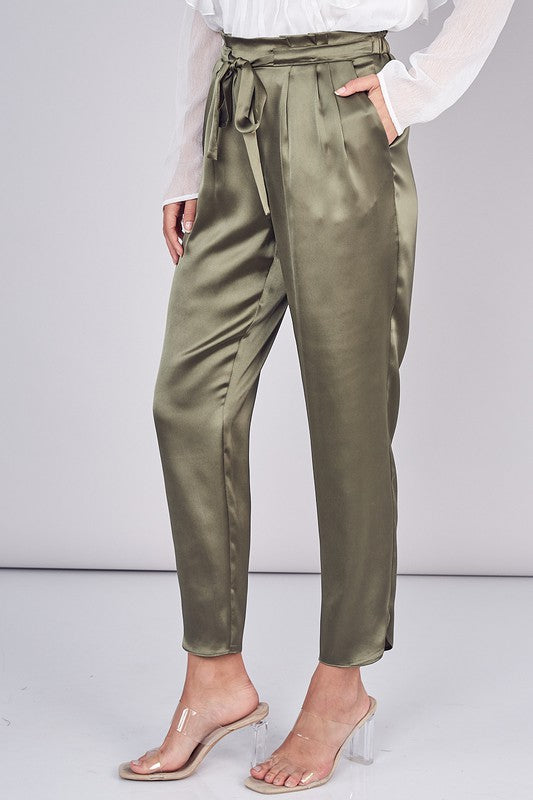 Belted Pleated Paper Bag Pants - Olive