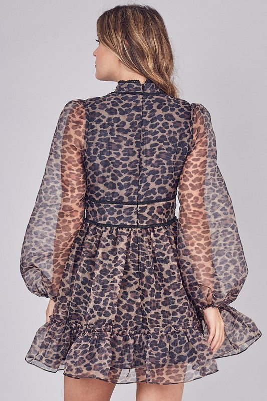 Feeling Fancy Leopard Print Mock Neck Organza Dress