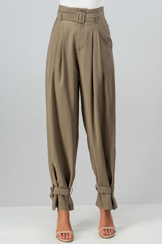 Buckle Me Up Pegged Belted Pants - Olive
