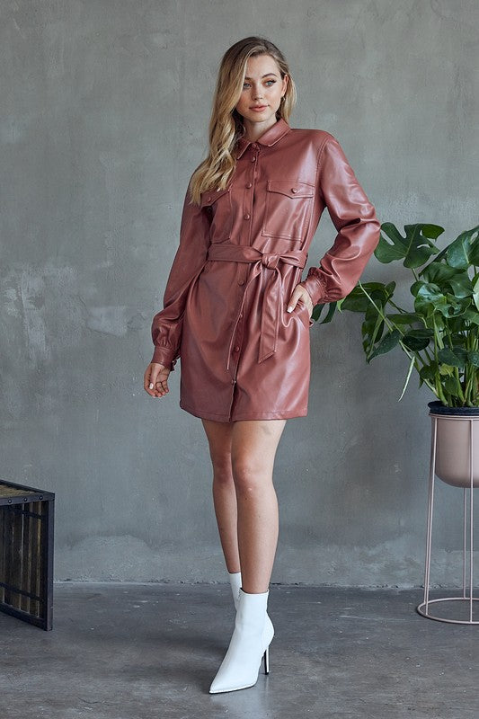 button down leather dress Cognac Faux Leather Button Down Mini Dress